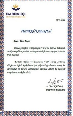 Teşekkür Belgesi — Yücel Bilgili