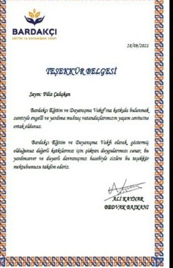 Teşekkür Belgesi — Filiz Çalışkan